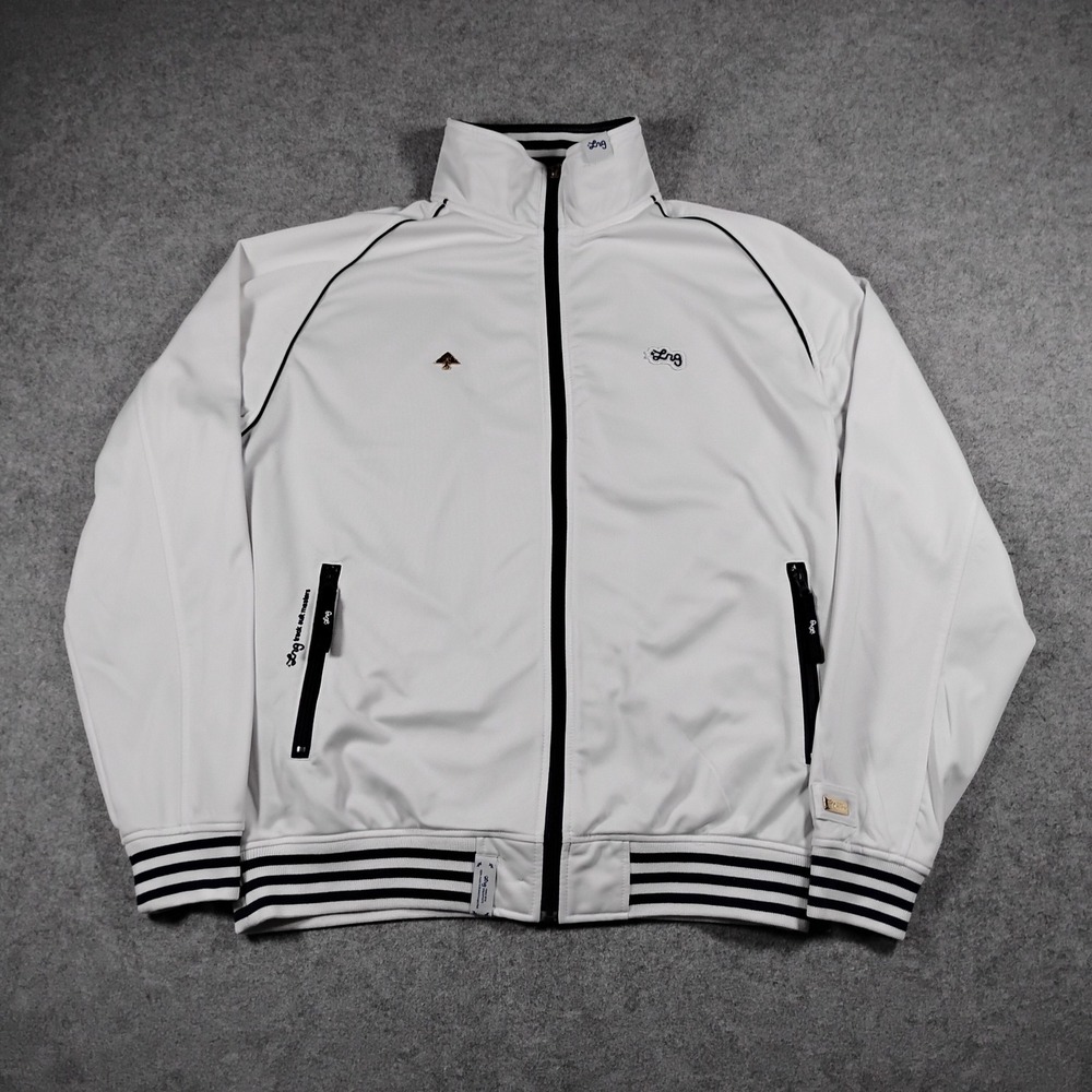 LRG Roots and Equipment Men's Track Jacket Large White Black Zip Up Embroidered